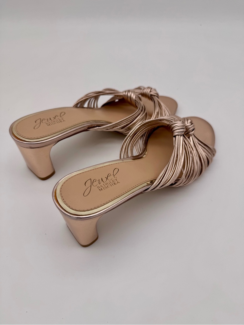 Jewel Badgley Mischka Cheryl Metallic Leather Block Heel Sandals Rose Gold 8 - Picture 6 of 15